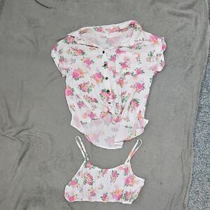 Floral Button-Up Shirt and Crop Top Set